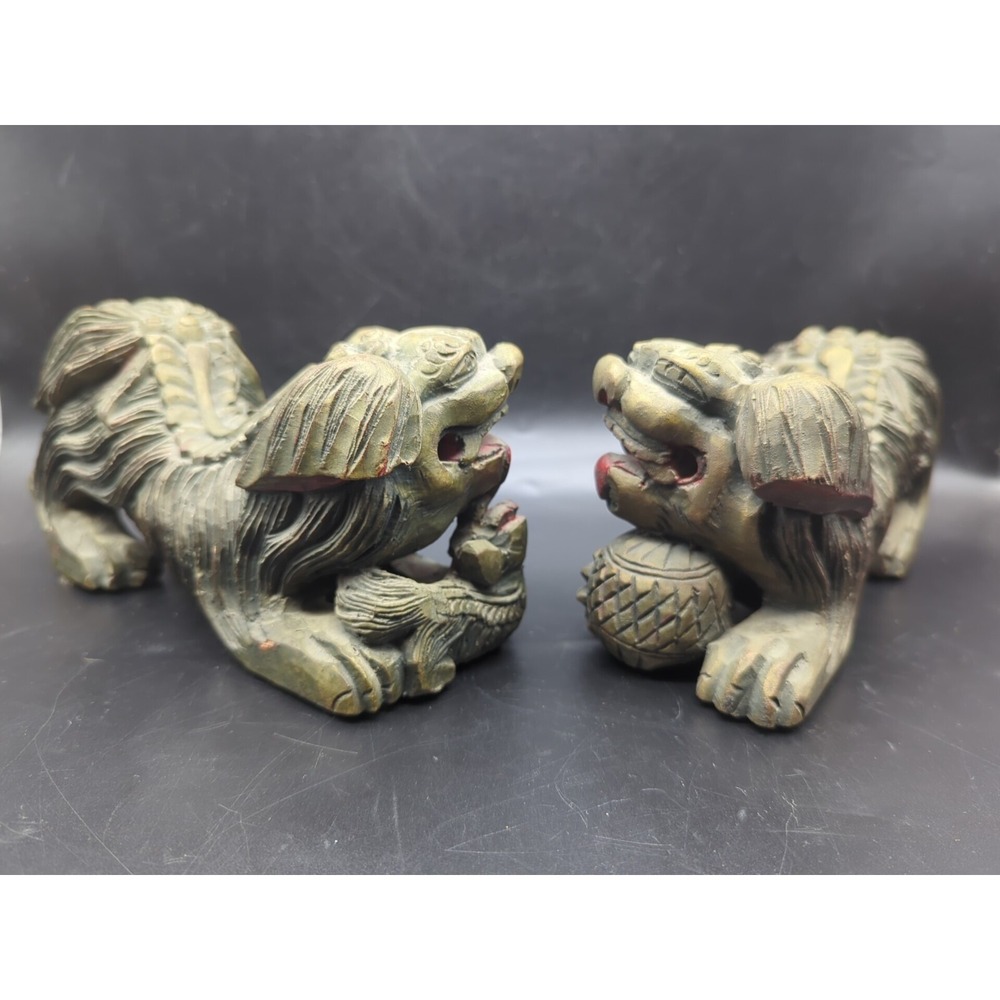 Pair of Vintage Chinese Gold Gilt Wood Carved Foo Dogs - Picture 4 of 11